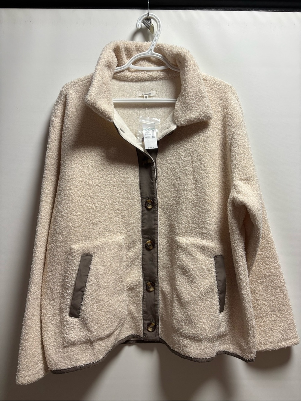 Maurices Cream Teddy Button Front Jacket with Taupe Trim